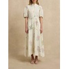 image:imageCHARTOU Women Floral Boho Maxi Dress Puff Short Sleeve Button Down Cotton Linen Shirt Dress with BeltBeige