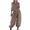 image:imageCHARTOU 2 Piece Vacation Outfits for Women Summer Tank Top Linen Baggy Balloon Wide Leg Pants Matching SetsKhaki