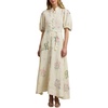 image:imageCHARTOU Women Floral Boho Maxi Dress Puff Short Sleeve Button Down Cotton Linen Shirt Dress with BeltBeige
