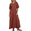 image:imageCHARTOU Women Puff Sleeve Maxi Dress Flowy Patchwork Ruffle Hem Long Tshirt Summer Casual Loose Tunic DressWine