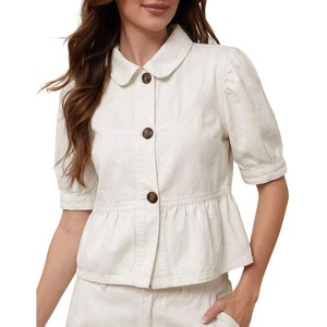 image:imageCHARTOU Button Down Denim Shirt Women Cute Puff Sleeve Short Tops Peter Pan Collar Peplum Jean BlouseBeige