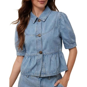 image:imageCHARTOU Button Down Denim Shirt Women Cute Puff Sleeve Short Tops Peter Pan Collar Peplum Jean BlouseLight Blue