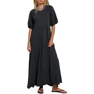 image:imageCHARTOU Women Puff Sleeve Maxi Dress Flowy Patchwork Ruffle Hem Long Tshirt Summer Casual Loose Tunic DressBlack