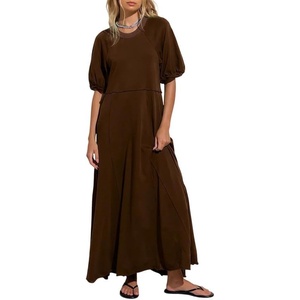 image:imageCHARTOU Women Puff Sleeve Maxi Dress Flowy Patchwork Ruffle Hem Long Tshirt Summer Casual Loose Tunic DressChocolate Brown