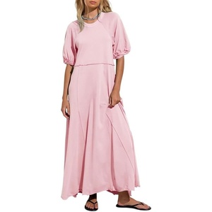 image:imageCHARTOU Women Puff Sleeve Maxi Dress Flowy Patchwork Ruffle Hem Long Tshirt Summer Casual Loose Tunic DressPink