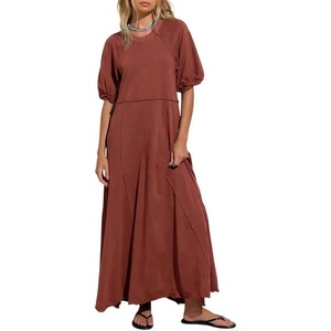 image:imageCHARTOU Women Puff Sleeve Maxi Dress Flowy Patchwork Ruffle Hem Long Tshirt Summer Casual Loose Tunic DressWine
