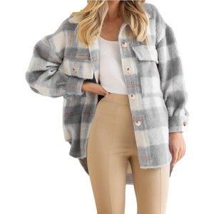image:imageCHARTOU Womens Plaid Shacket Brushed Wool Mohair Loose Fit Short Shirt Jacket CoatGrey