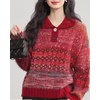 image:imageCHARTOU Women Fall Turtleneck Sweater MultiColor Y2k Buttons Oversized Sweatshirt Fuzzy Knit Pullover SweaterRed