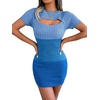 image:imageCHARTOU Womens Sexy Hollow Out Short Sleeve RibKnit Color Block Bodycon Sweater DressBlue