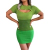 image:imageCHARTOU Womens Sexy Hollow Out Short Sleeve RibKnit Color Block Bodycon Sweater DressGreen