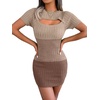 image:imageCHARTOU Womens Sexy Hollow Out Short Sleeve RibKnit Color Block Bodycon Sweater DressKhaki