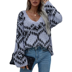 image:imageCHARTOU Womens Oversized V Neck Diamond Knitted Sweater Pullover KnitwearGrey