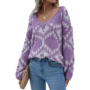 image:imageCHARTOU Womens Oversized V Neck Diamond Knitted Sweater Pullover KnitwearPurple