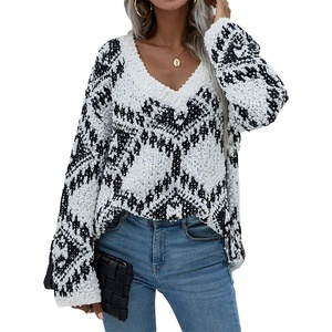 image:imageCHARTOU Womens Oversized V Neck Diamond Knitted Sweater Pullover KnitwearWhite