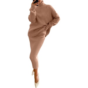 image:imageWomen Two Piece Skirt Set Sweater Dress Turtleneck Long Sleeve Rib Knit Sweater Set Outfit Bodycon SkirtAmber