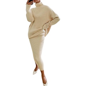 image:imageWomen Two Piece Skirt Set Sweater Dress Turtleneck Long Sleeve Rib Knit Sweater Set Outfit Bodycon SkirtBeige