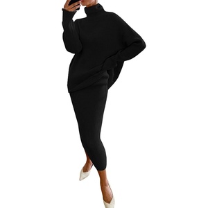 image:imageWomen Two Piece Skirt Set Sweater Dress Turtleneck Long Sleeve Rib Knit Sweater Set Outfit Bodycon SkirtBlack