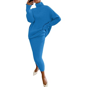 image:imageWomen Two Piece Skirt Set Sweater Dress Turtleneck Long Sleeve Rib Knit Sweater Set Outfit Bodycon SkirtBright Blue