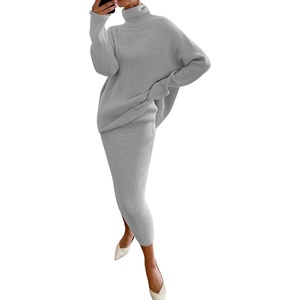 image:imageWomen Two Piece Skirt Set Sweater Dress Turtleneck Long Sleeve Rib Knit Sweater Set Outfit Bodycon SkirtGrey