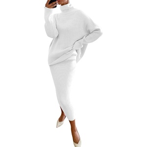 image:imageWomen Two Piece Skirt Set Sweater Dress Turtleneck Long Sleeve Rib Knit Sweater Set Outfit Bodycon SkirtWhite
