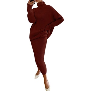 image:imageWomen Two Piece Skirt Set Sweater Dress Turtleneck Long Sleeve Rib Knit Sweater Set Outfit Bodycon SkirtWine Red