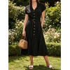 image:imageCHARTOU Women Button Down Linen Dress Summer Cap Sleeve Belted Flowy A Line Midi Long Shirt Dress with PocketsBlack