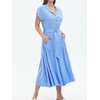 image:imageCHARTOU Women Button Down Linen Dress Summer Cap Sleeve Belted Flowy A Line Midi Long Shirt Dress with PocketsBlue