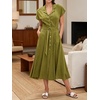 image:imageCHARTOU Women Button Down Linen Dress Summer Cap Sleeve Belted Flowy A Line Midi Long Shirt Dress with PocketsGreen