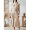 image:imageCHARTOU Women Button Down Linen Dress Summer Cap Sleeve Belted Flowy A Line Midi Long Shirt Dress with PocketsKhaki