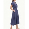 image:imageCHARTOU Women Button Down Linen Dress Summer Cap Sleeve Belted Flowy A Line Midi Long Shirt Dress with PocketsNavy