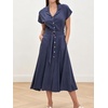 image:imageCHARTOU Women Button Down Linen Dress Summer Cap Sleeve Belted Flowy A Line Midi Long Shirt Dress with PocketsNavy