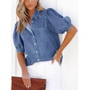 image:imageCHARTOU Womens Casual Washed Distressed Puff Sleeve Denim Button Down Shirt Jean Jacket CoatBlue