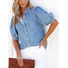 image:imageCHARTOU Womens Casual Washed Distressed Puff Sleeve Denim Button Down Shirt Jean Jacket CoatLight Blue