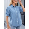 image:imageCHARTOU Womens Casual Washed Distressed Puff Sleeve Denim Button Down Shirt Jean Jacket CoatLight Blue