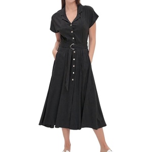 image:imageCHARTOU Women Button Down Linen Dress Summer Cap Sleeve Belted Flowy A Line Midi Long Shirt Dress with PocketsBlack
