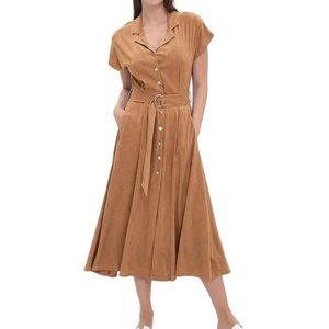 image:imageCHARTOU Women Button Down Linen Dress Summer Cap Sleeve Belted Flowy A Line Midi Long Shirt Dress with PocketsCaramel