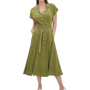 image:imageCHARTOU Women Button Down Linen Dress Summer Cap Sleeve Belted Flowy A Line Midi Long Shirt Dress with PocketsGreen