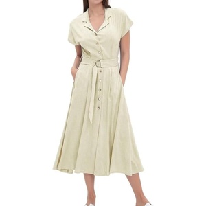image:imageCHARTOU Women Button Down Linen Dress Summer Cap Sleeve Belted Flowy A Line Midi Long Shirt Dress with PocketsLight Khaki