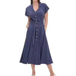 image:imageCHARTOU Women Button Down Linen Dress Summer Cap Sleeve Belted Flowy A Line Midi Long Shirt Dress with PocketsNavy