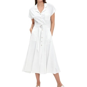 image:imageCHARTOU Women Button Down Linen Dress Summer Cap Sleeve Belted Flowy A Line Midi Long Shirt Dress with PocketsWhite