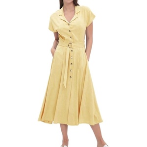 image:imageCHARTOU Women Button Down Linen Dress Summer Cap Sleeve Belted Flowy A Line Midi Long Shirt Dress with PocketsYellow