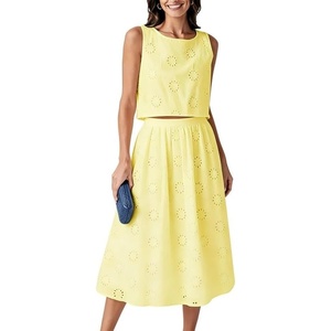 image:imageCHARTOU Women Eyelet Two Pieces Skirt Sets Floral Boho Sleeveless Crop Top and Elastic Waist Midi Skirt Summer SetsYellow