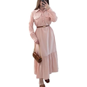 image:imageCHARTOU Womens Striped Maxi Long Shirt Dress Elegant Tiered Ruffle Hem Button Down Dress with BeltPink