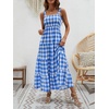 image:imageCHARTOU Plaid Summer Dresses for Women Spaghetti Strap Smocked Tiered Flounce Flowy Long DressBlue