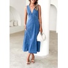 image:imageCHARTOU Women Cinched Waisted Long Denim Dress Sleeveless Sexy V Neck Slim Fit Tank Top Summer Jean DressBlue