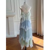 image:imageCHARTOU Women Ombre Tiered Lace Long Dress Spaghetti Strap Crisscross Backless Flowy Tulle Beach Party DressBlue Green