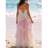image:imageCHARTOU Women Ombre Tiered Lace Long Dress Spaghetti Strap Crisscross Backless Flowy Tulle Beach Party DressPink