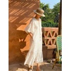 image:imageCHARTOU Women Puff Sleeve Eyelet Lace Dress Summer Ruffle Tie Front Long Flowy Tunic Dress with PocketsWhite