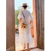image:imageCHARTOU Women Puff Sleeve Eyelet Lace Dress Summer Ruffle Tie Front Long Flowy Tunic Dress with PocketsWhite
