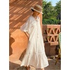 image:imageCHARTOU Women Puff Sleeve Eyelet Lace Dress Summer Ruffle Tie Front Long Flowy Tunic Dress with PocketsWhite